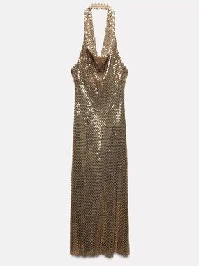 Zara Gold Sequin Halter Midi Dress